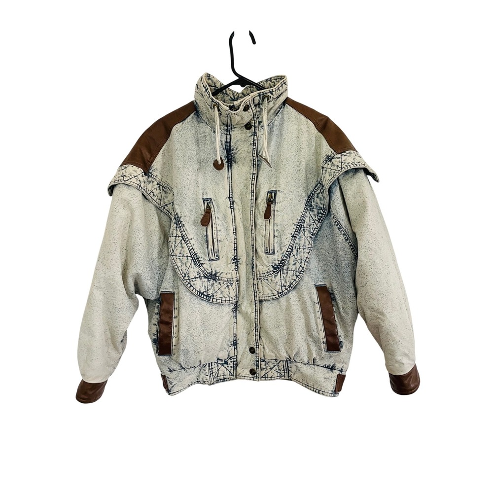 East West Denim Jacket Acid Wash Brown Leather Trim Women Medium 80s Western